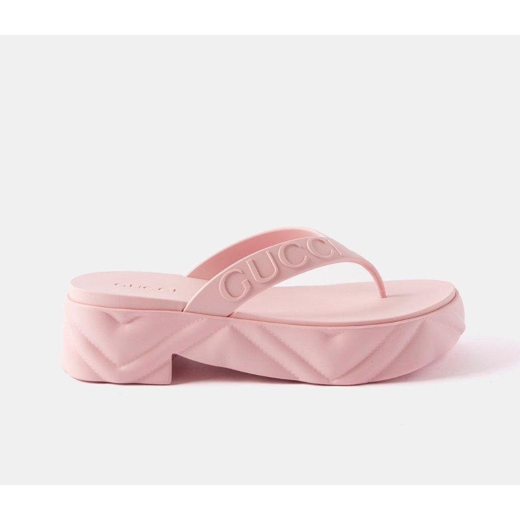 Gucci Logo-Embossed Thong Rubber Platform Sandals Wild Rose Size37